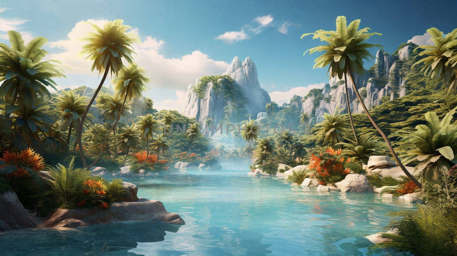 A tropical paradise unfolds with a picturesque river, majestic mountains, glowing sunset, swaying palm trees, and a cascading waterfall.