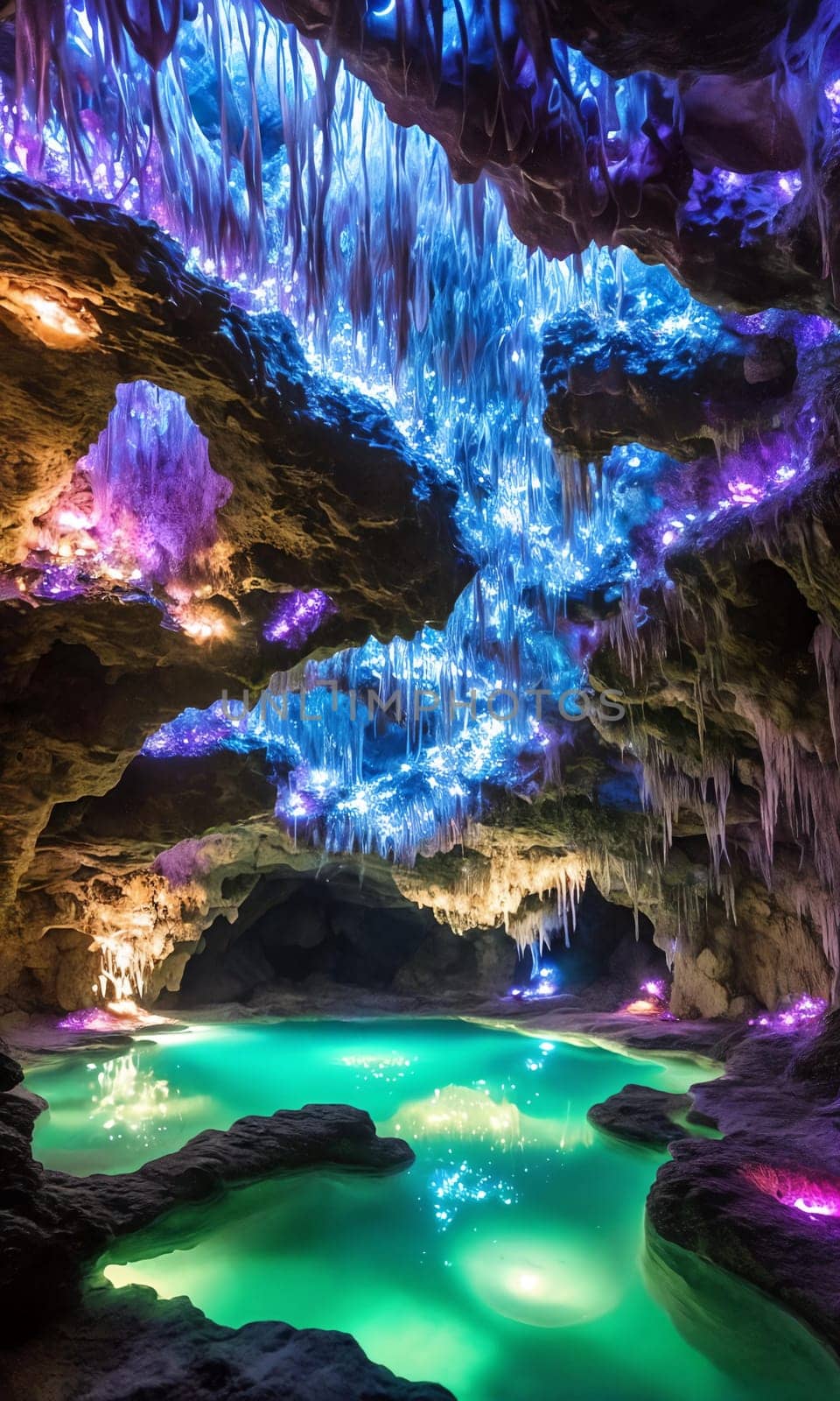 Glowing Caverns. An underground wonderland, a cavern adorned with luminescent crystals. Their soft glow reveals winding tunnels, reflecting pools, and the promise of hidden treasures.
