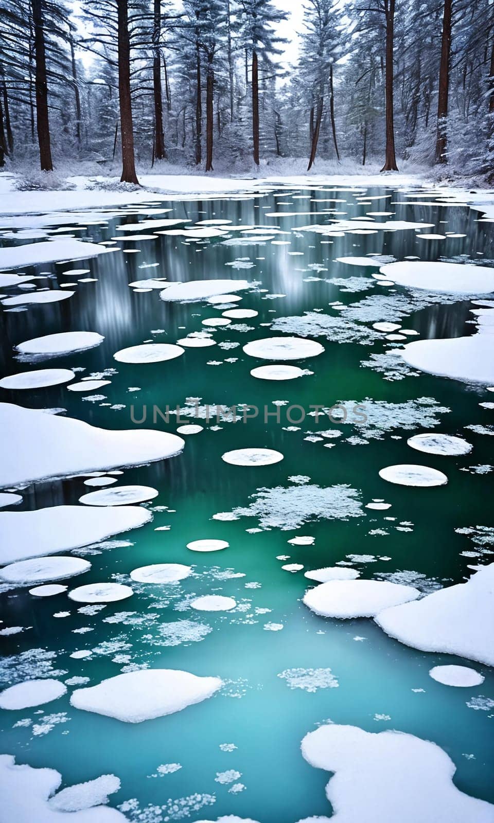 Frozen Fairy Pond. In the heart of a snow-covered forest, a pond lies frozen. Delicate frost patterns adorn its surface, and beneath the ice, mythical creatures slumber.The stillness and magic of winter.