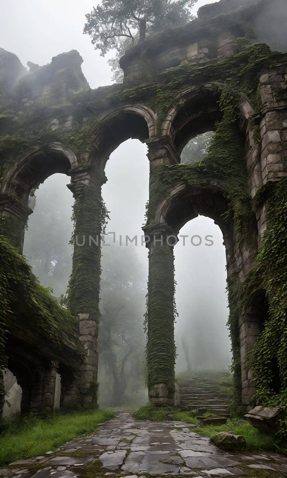 Mist-Clad Ruins. The remnants of an ancient castle, shrouded in mist. Ivy-clad walls crumble gracefully, and forgotten statues guard the entrance.