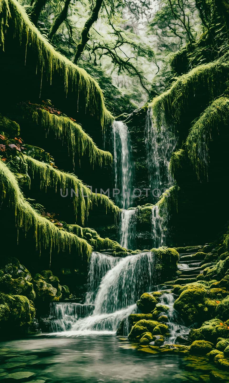 Enchanted Waterfall. A waterfall cascades down moss-covered rocks, revealing a secret grotto behind its veil. Crystal-clear water sparkles with hints of magic, and colorful flowers bloom along the banks.