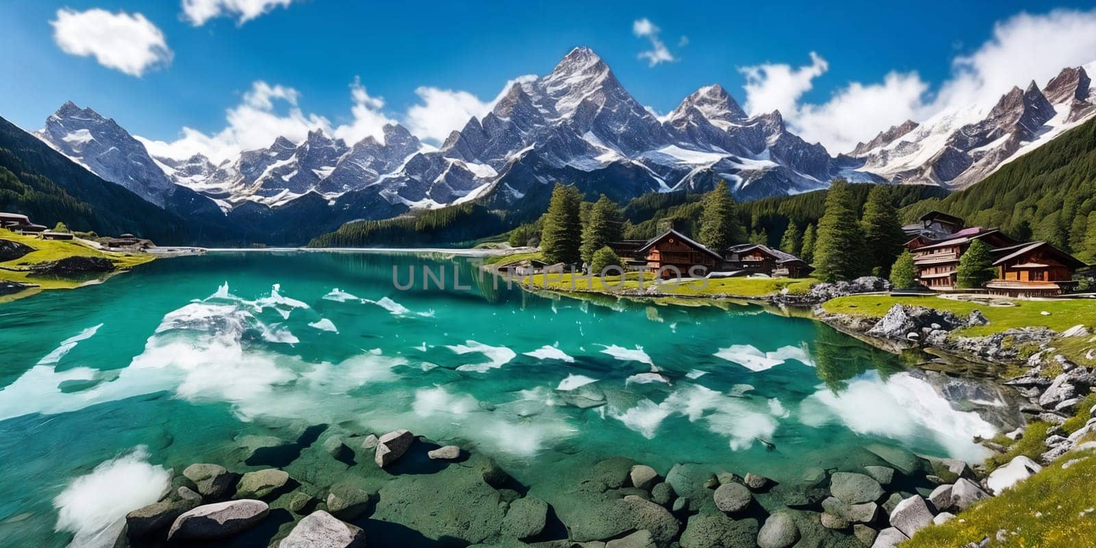 A serene lake in the foreground reflects a majestic snow-capped mountain in the background. Generative AI