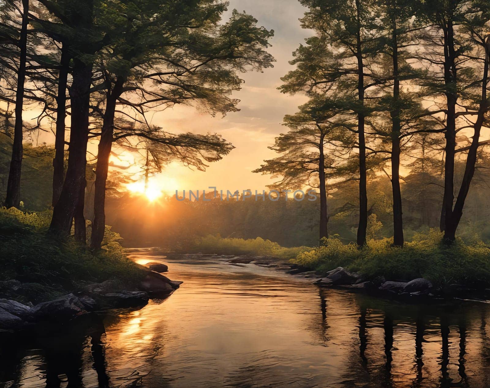A vibrant sunset paints the sky above a tranquil forest river, reflecting golden hues on the rocks and lush landscape. Generative AI.