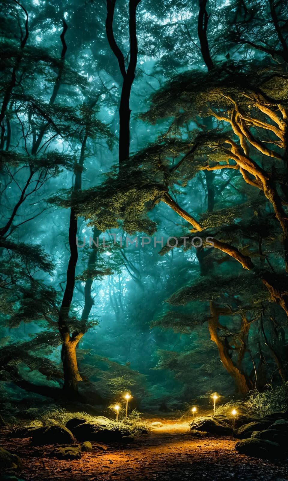 Moonlit Forest Glade. Amidst ancient trees, a moonbeam illuminates a hidden glade. Dew-kissed mushrooms glow softly, and fireflies dance in the night. Ethereal beauty of this mystical meeting place.