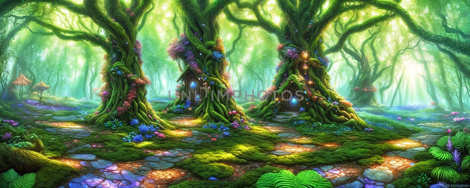 Mystical beauty of an enchanted forest. Vibrant greenery, twisting vines, and shimmering shafts of sunlight filtering through the canopy. Hidden fairy dwelling among the branches. Generative AI