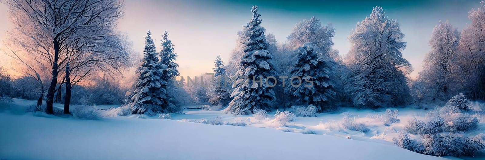 A serene winter landscape, picturesque panorama. Snow-covered landscapes, frost-covered trees, and wintery scenes. Generative