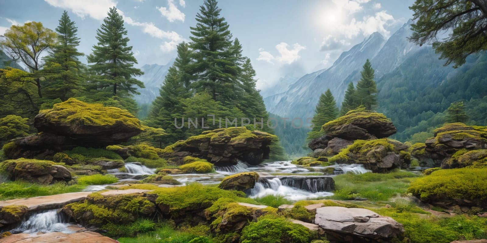 Immerse in the pristine mountain river Cliffs adorned with lush greenery tall trees Serenity flows in the air amid towering peaks. Generative AI.