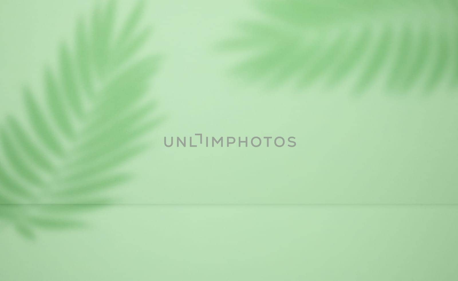 Green stage with shadow from a palm leaf for product demonstration and advertising. Copy space