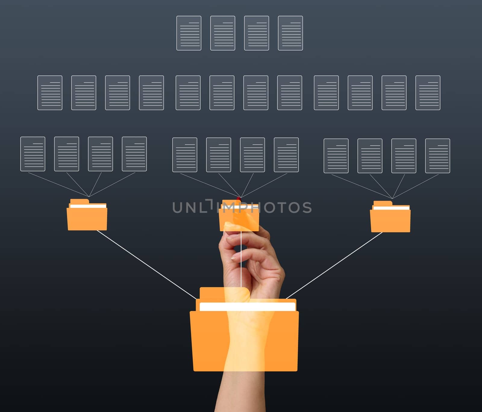 A female hand and virtual icons of folders and files, a concept of data organization and archiving, remote data management, paperless