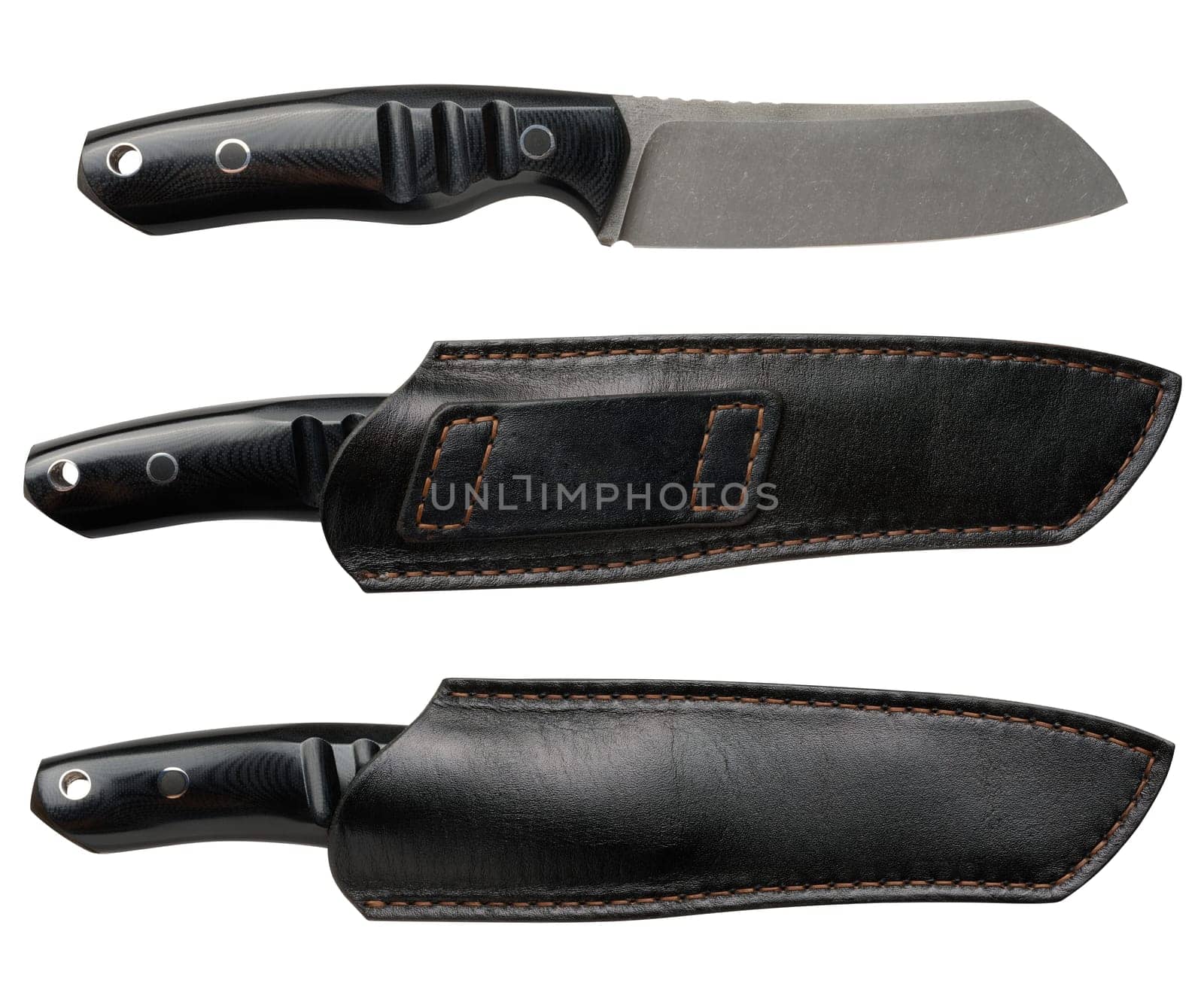Sharp tactical knife with black handle on isolated background