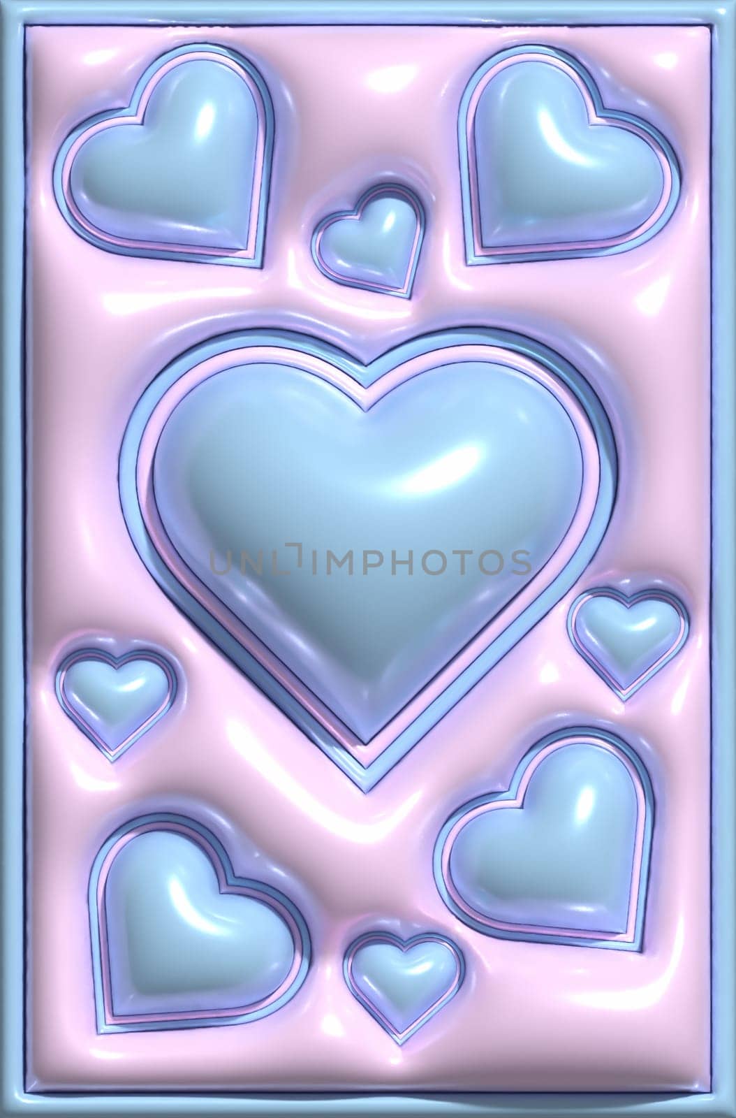 Abstract pink background with blue hearts, 3D illustration