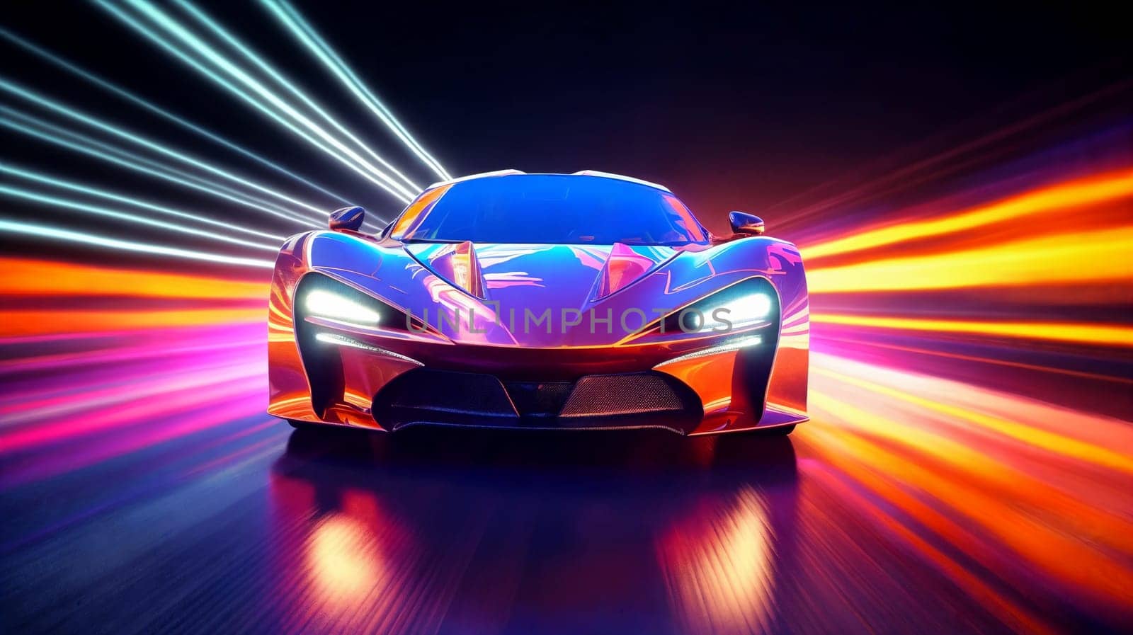 Futuristic fantasy car on highway with neon light. AI Generative