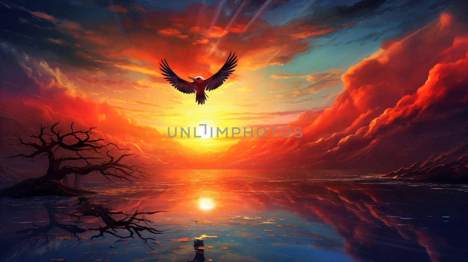 Birds grace sunset mountains, nature's masterpiece.. Generative AI