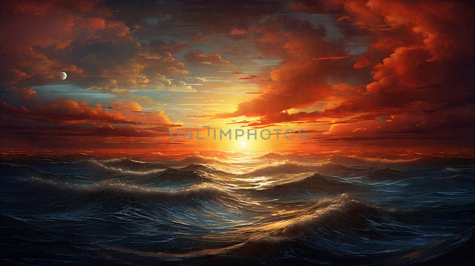 Sunset over the sea, waves on the foreground, panorama . AI Generative