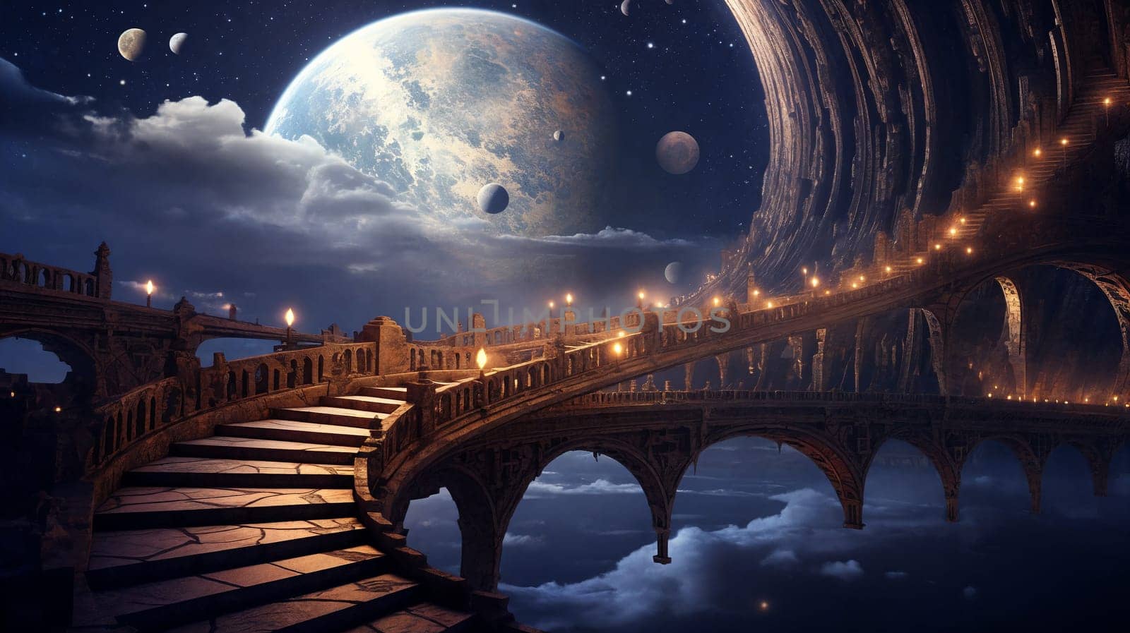In the vast expanse of space, a magnificent bridge stretches, crafted with fantastical elements, connecting worlds unknown. Generative AI.