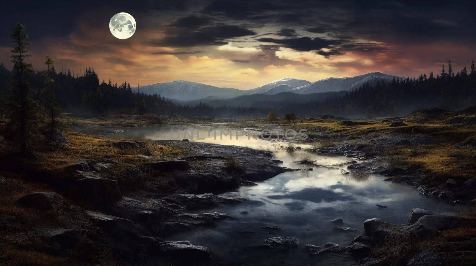 Under the moonlit night, a river winds through a fog-laden forest, creating a serene and mysterious landscape. Generative AI.