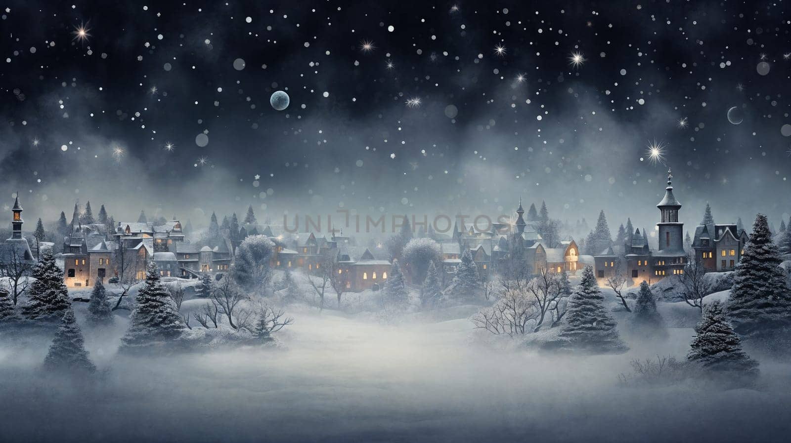Snow-covered village glows under a starlit sky, as houses and trees sparkle with festive lights. AI Generative