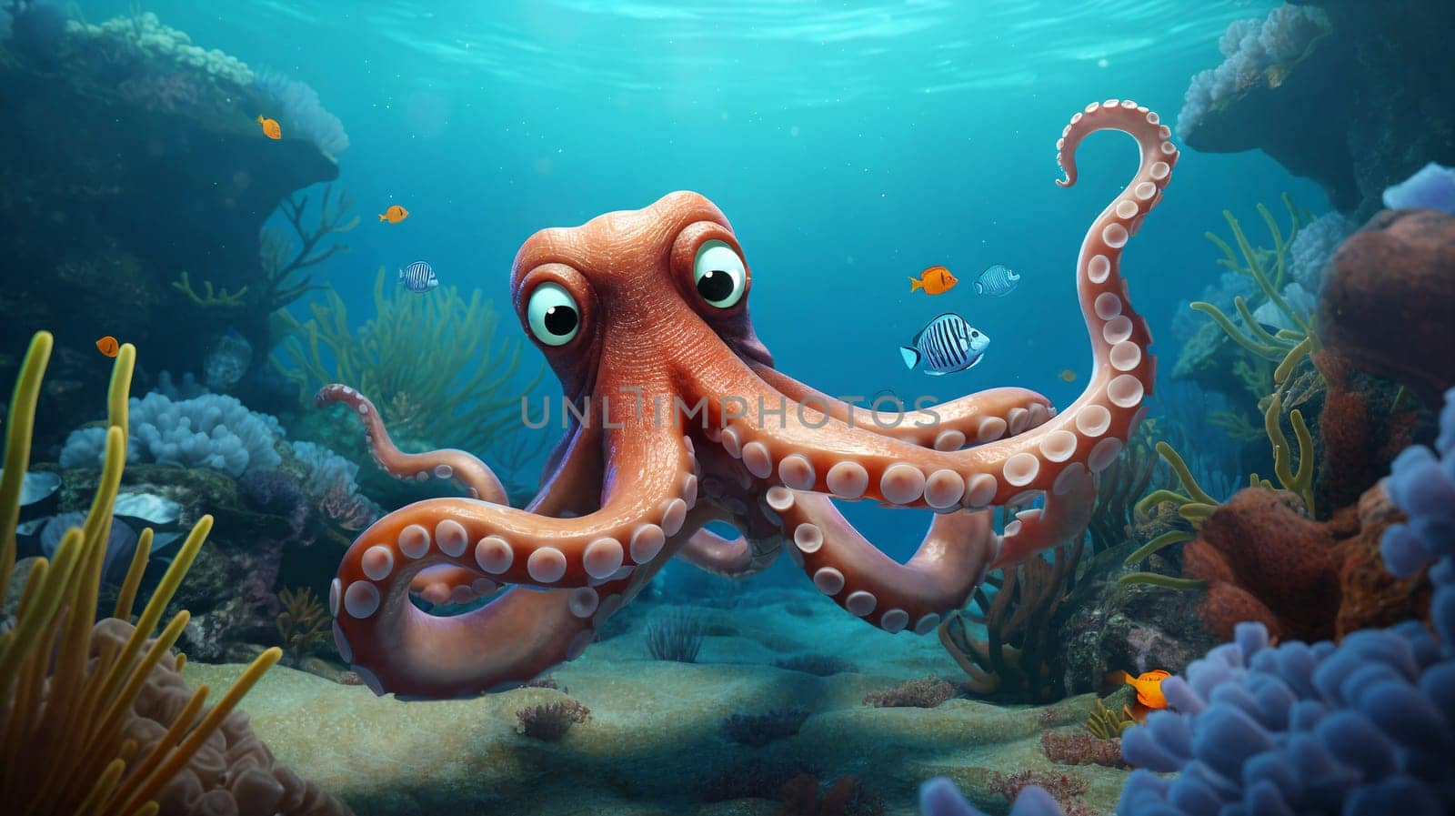 Cartoon octopus gracefully drifts through the underwater realm, its vibrant tentacles undulating with playful energy. AI Generative