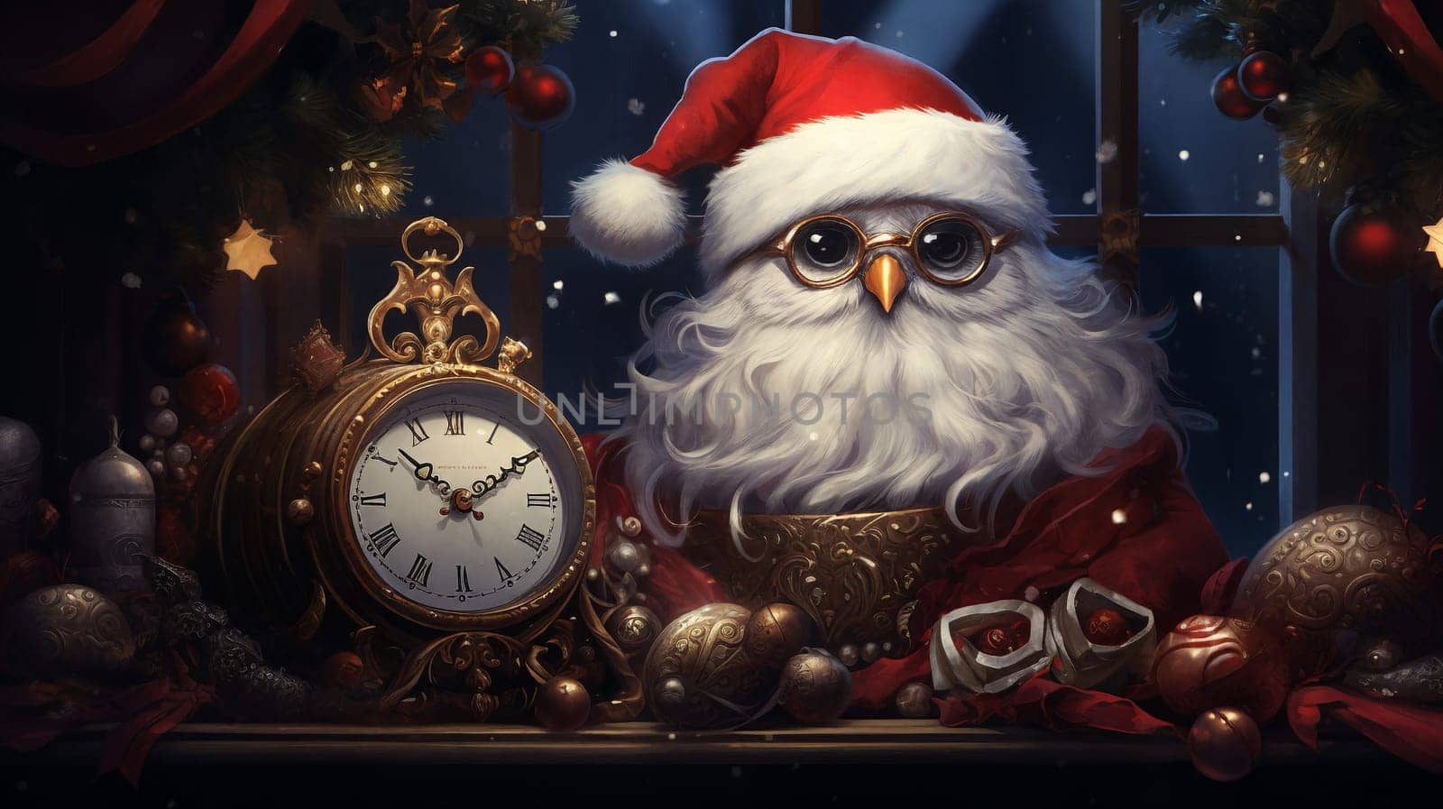 A delightful Christmas card featuring an adorable owl-santa perched next to a clock , spreading festive cheer. Generative AI.