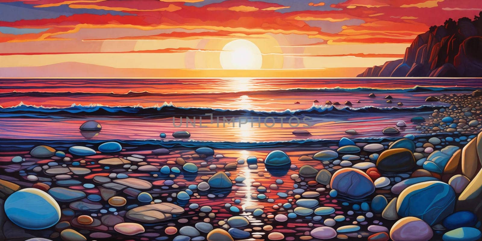A vibrant sunset over a pebble beach painted with a colorful palette, casting a warm glow upon the shimmering waves and rocky shore