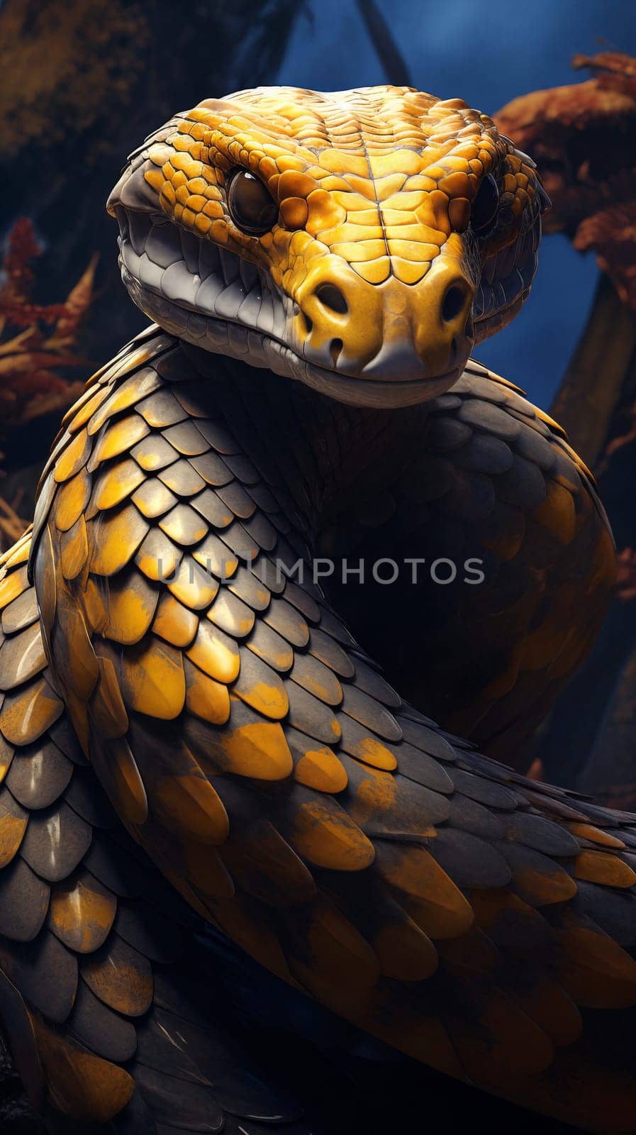 Sinuous snake in closeup, revealing its primal power and fierce essence, a moment frozen in time that captures the mesmerizing allure and hypnotic danger dwelling within the serpentine realm. Generative AI