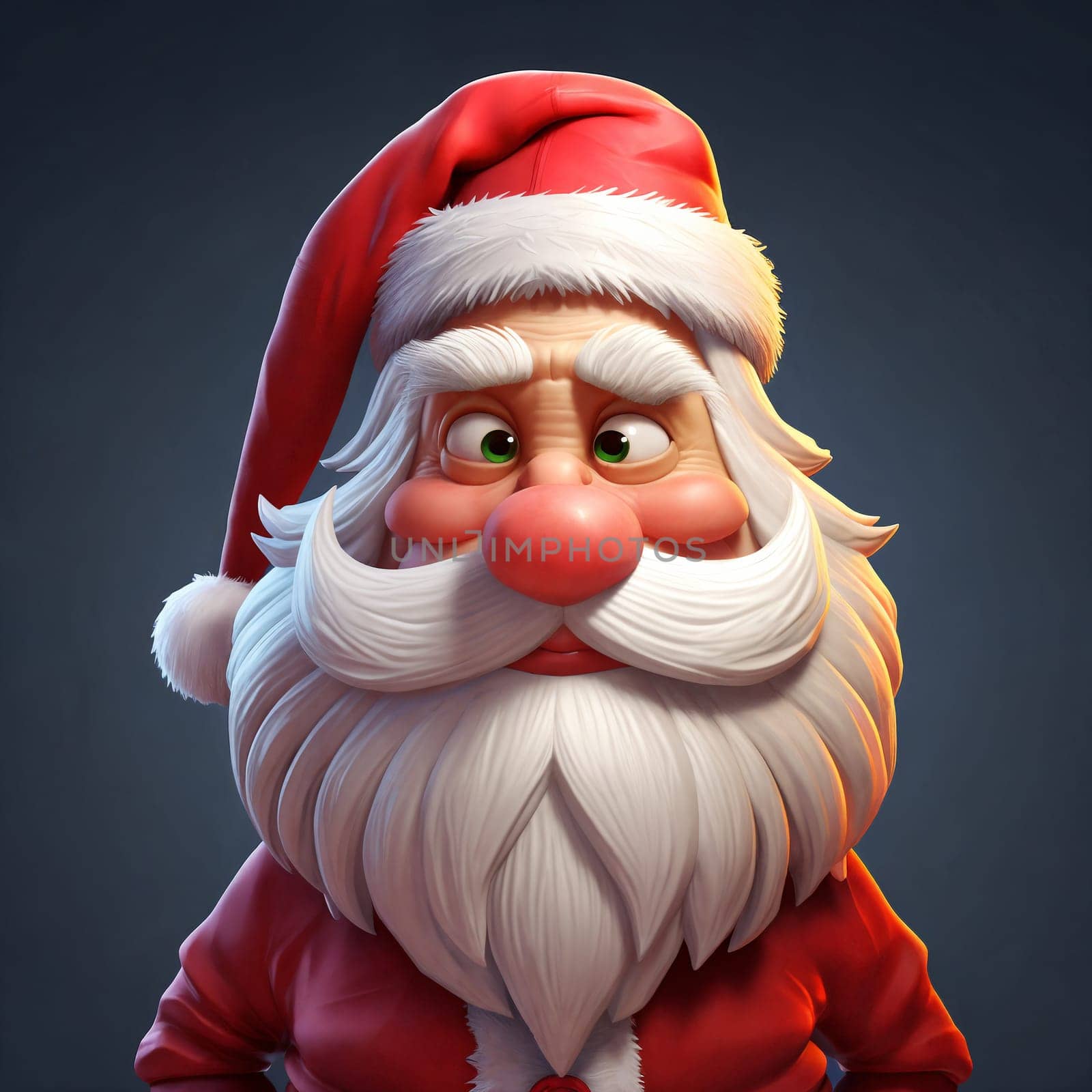 A jovial cartoon portrait of Santa Claus, exuding festive cheer with his rosy cheeks and merry expression. Generative AI.