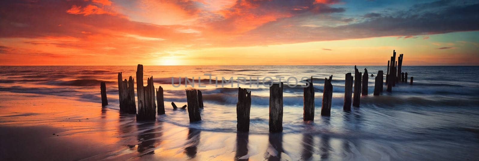A tranquil scene of a broken wooden jetty stretching out into the golden sea, framed by a stunning sunset sky