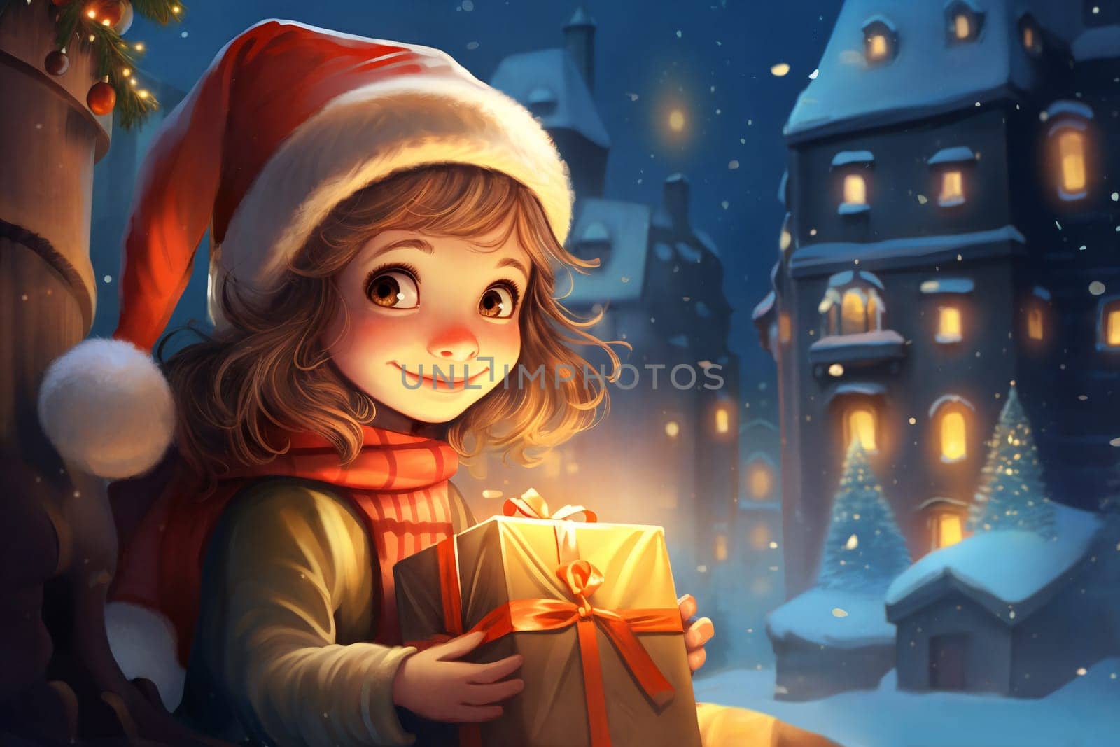 A festive Christmas cartoon girl bundled up in warm clothing stands outside in the snow, and holding a brightly wrapped present