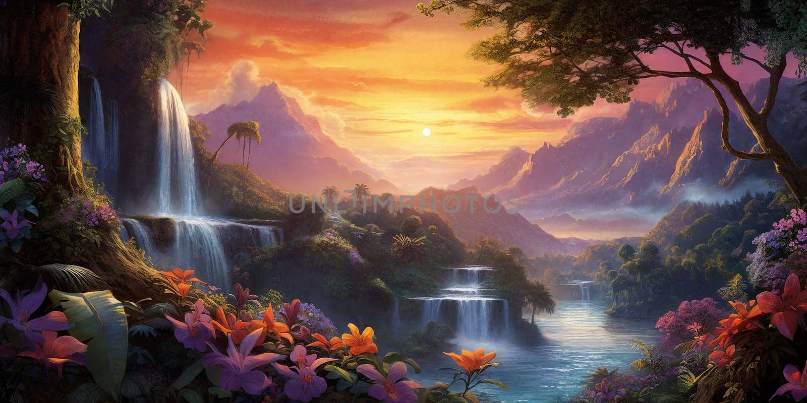 Fantasy landscape with waterfalls, flowers and tropical plants on foreground, panorama.