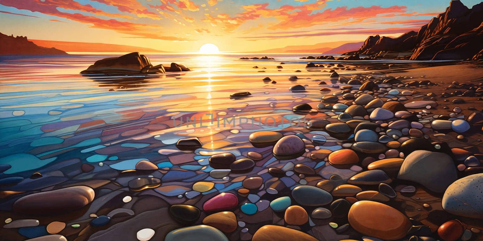 A vibrant sunset over a pebble beach painted with a colorful palette, casting a warm glow upon the shimmering waves and rocky shore