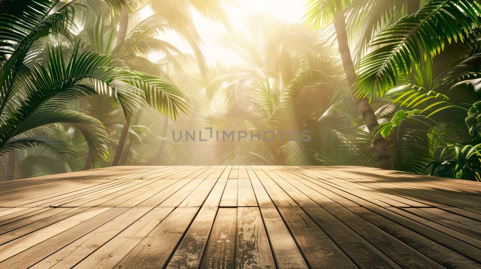 Empty wooden planks with blur palm trees on background, can be used for product placement. AI generated