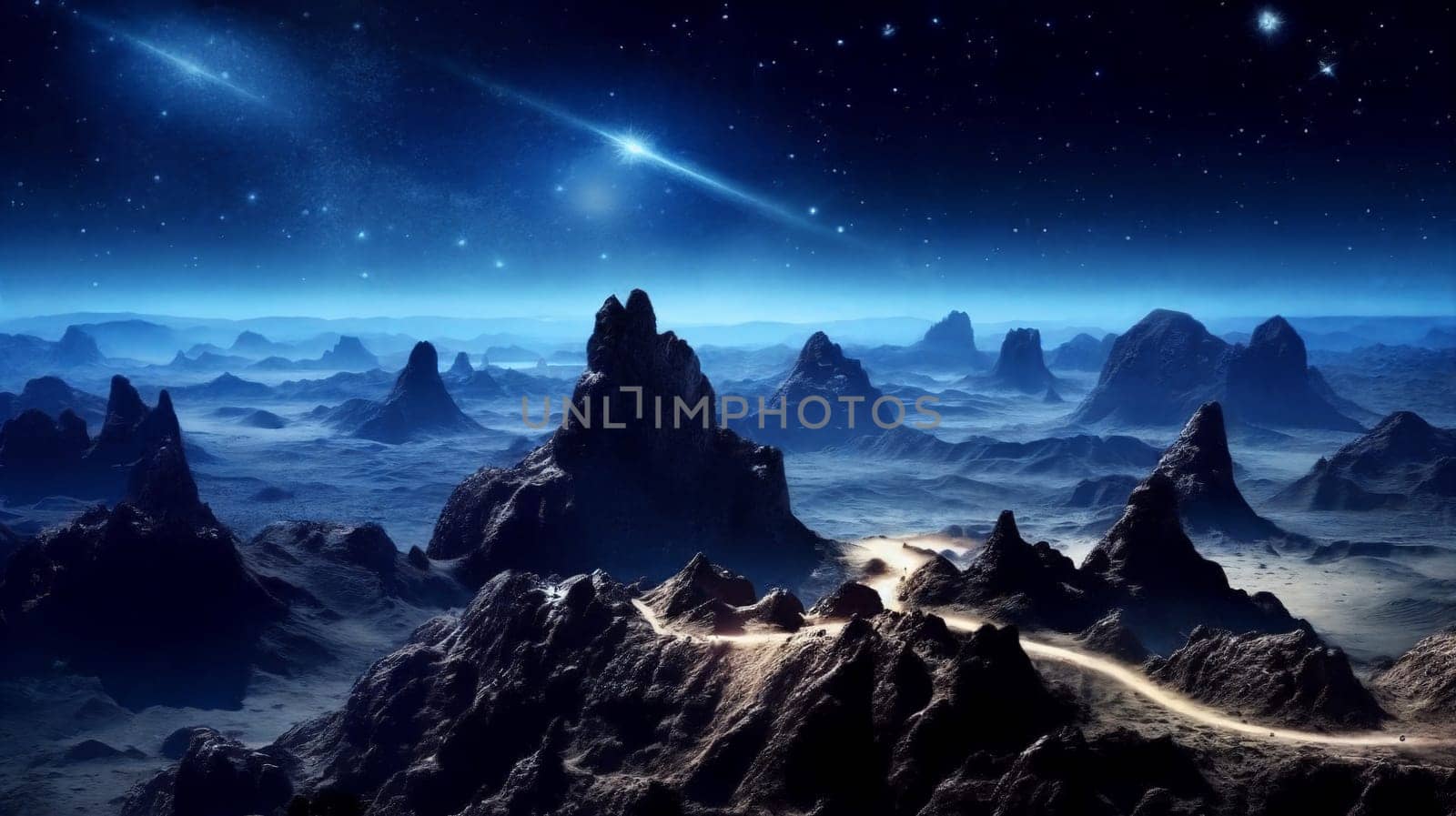 Fantasy planet with mountain on foreground, night sky with stars and planets on background . AI Generative