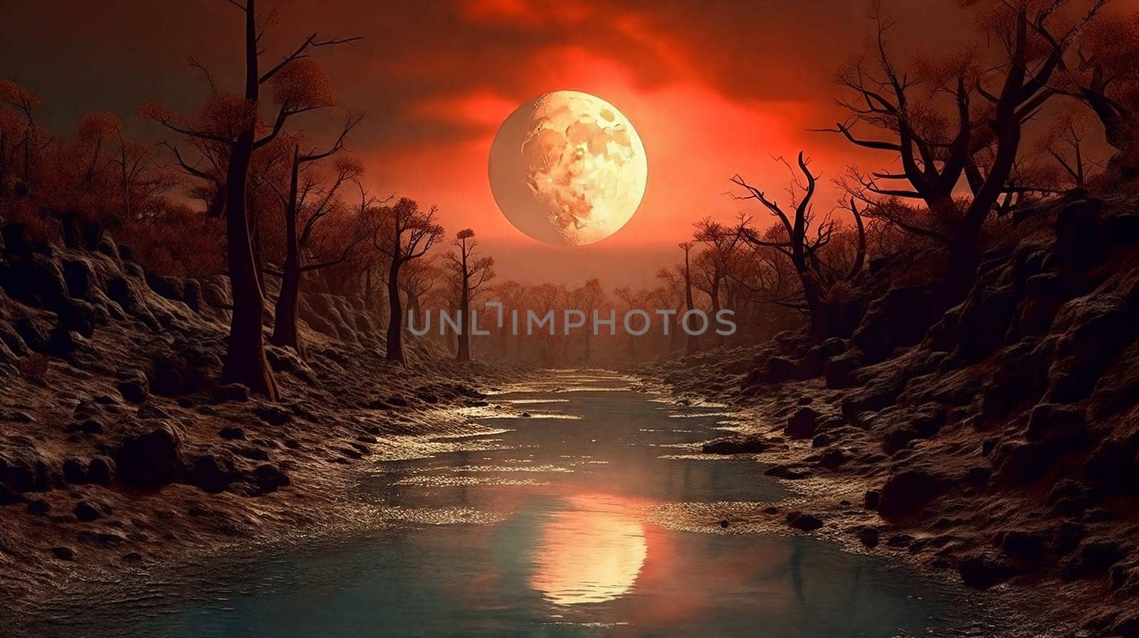 Fantasy landscape with moonrise over the river, night panorama. Generative AI