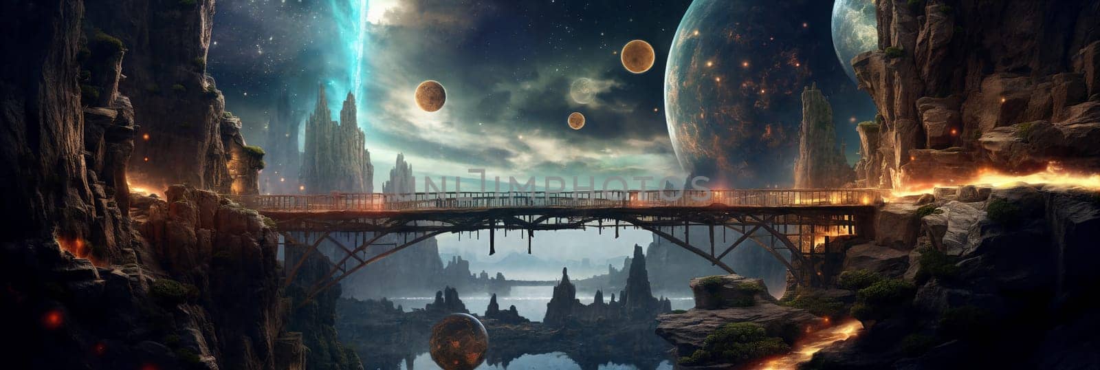 Bridge in the fantasy planet, mountains and night sky with stars and planets on background . AI Generative