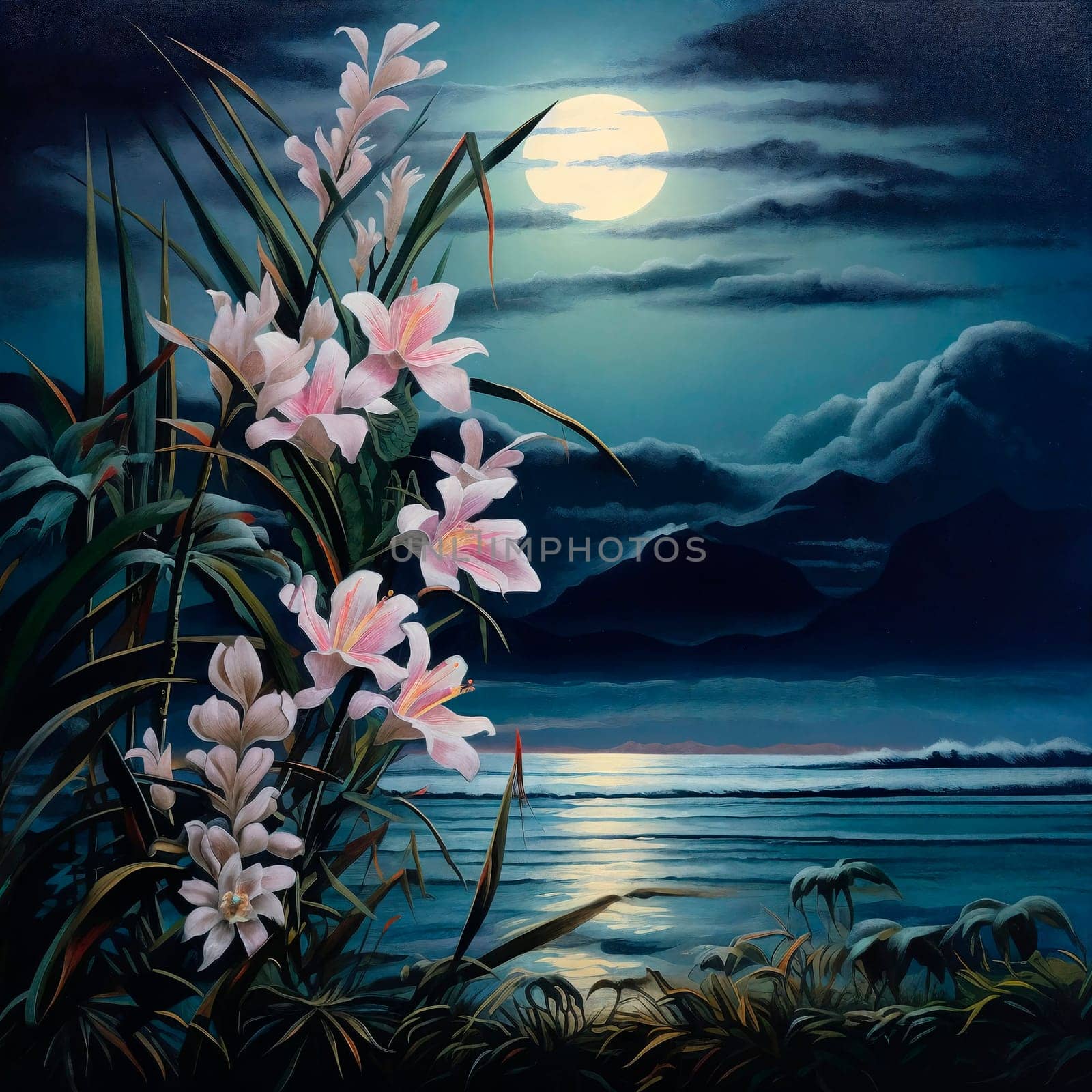 Illustration of the full moon rises brightly over the sea. Generative AI