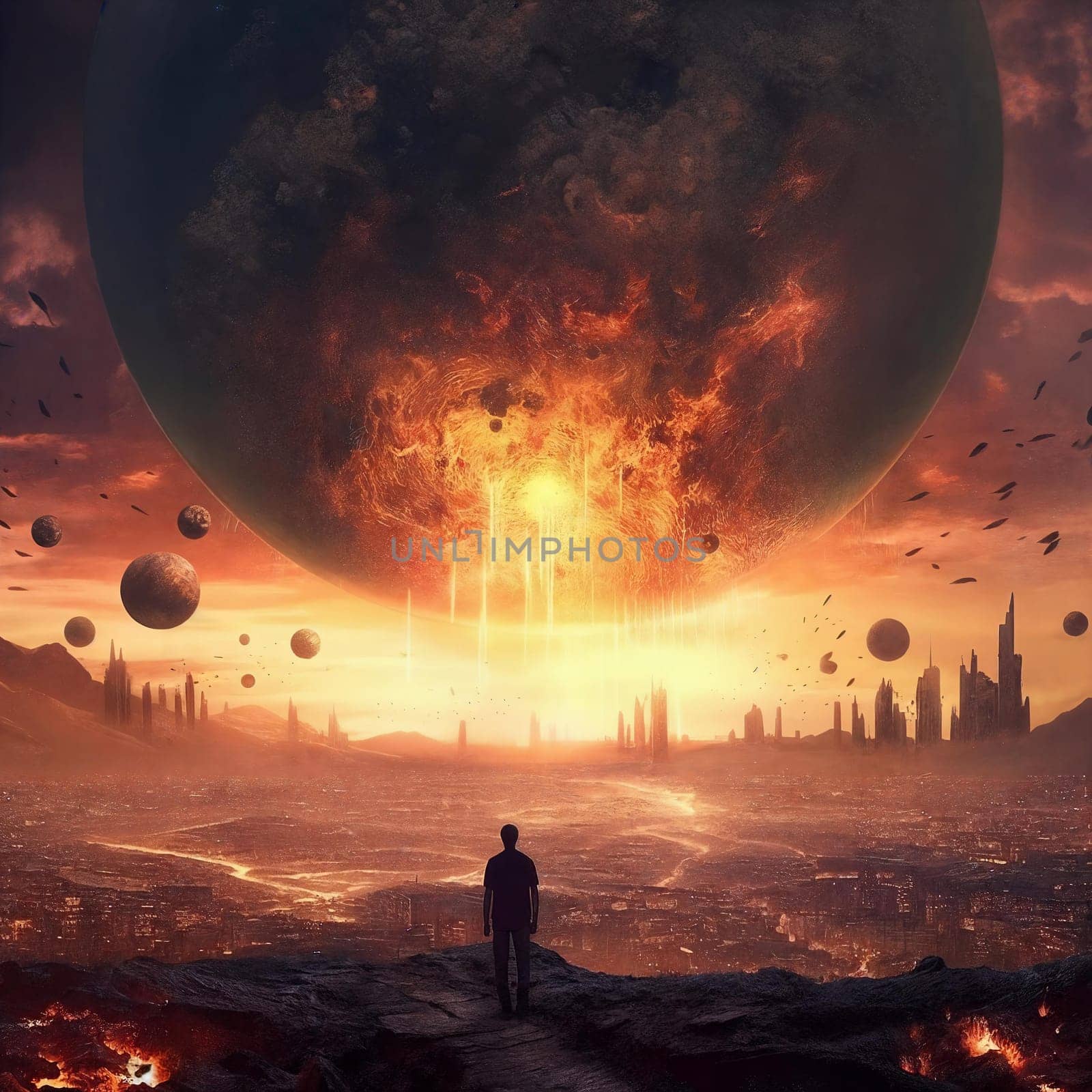 When the end of the world came to earth. Man watching destroied city . AI Generative