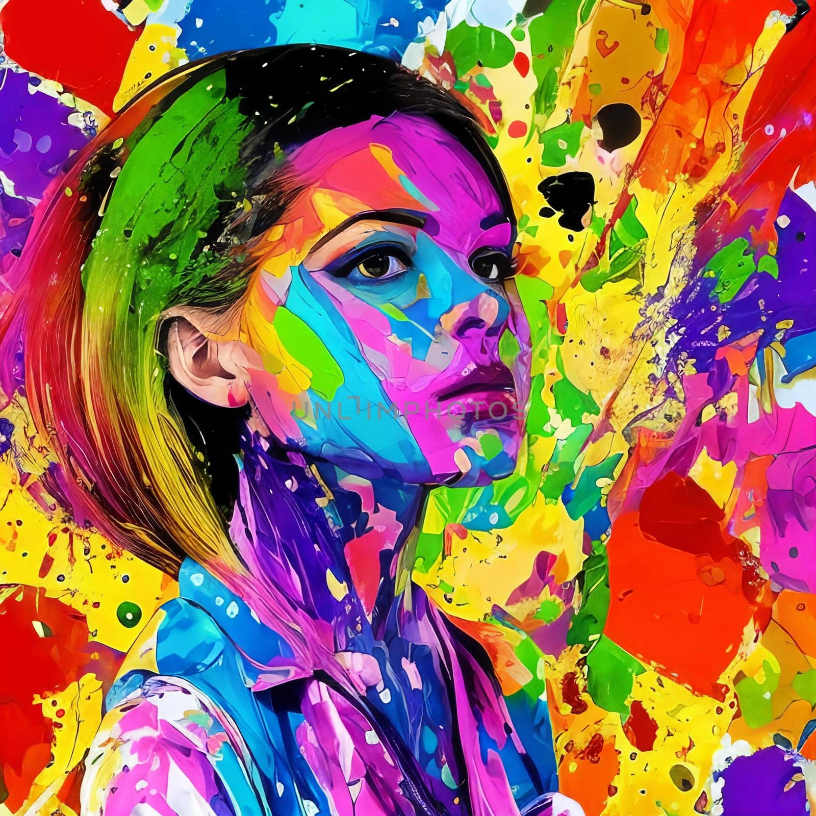 Woman portrait with closed eyes made of paint splashes. . AI Generative