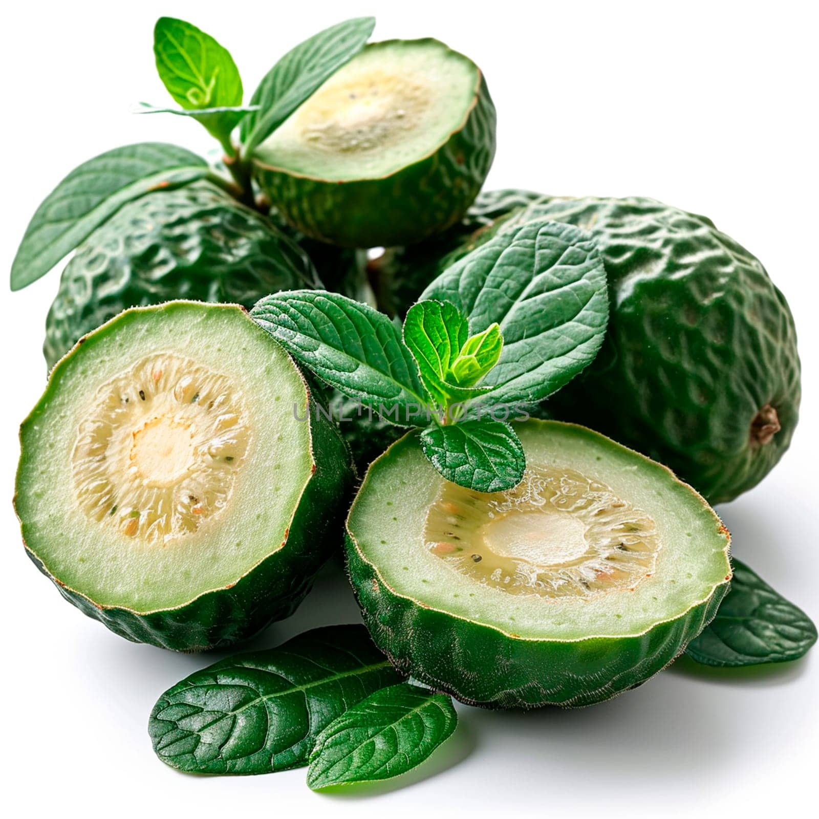 Tropical Feijoa fruit on white isolated background AI generated image