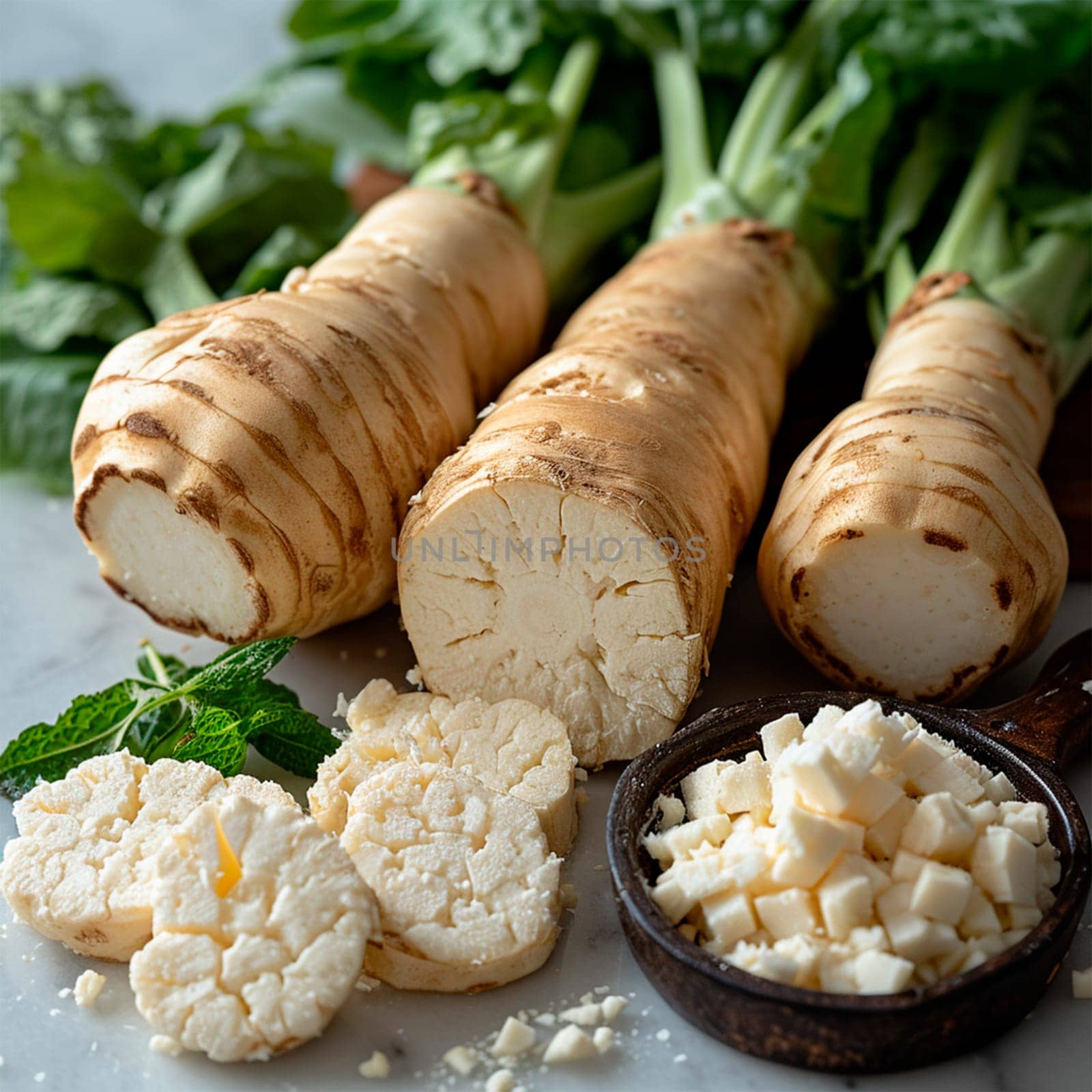 Garden weed vegetable horseradish on a white isolated background AI generated image
