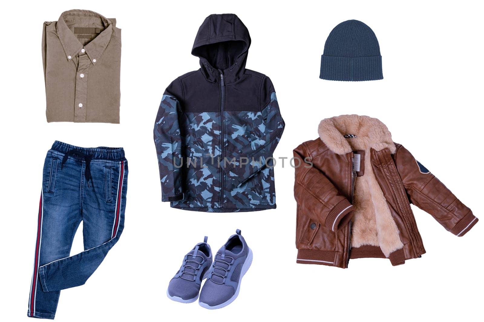 Collage set of little boys autumn clothes isolated. Denim trousers and jacket, sneaker, a leather jacket, pants and hood for child boy. Children's winter fashion.