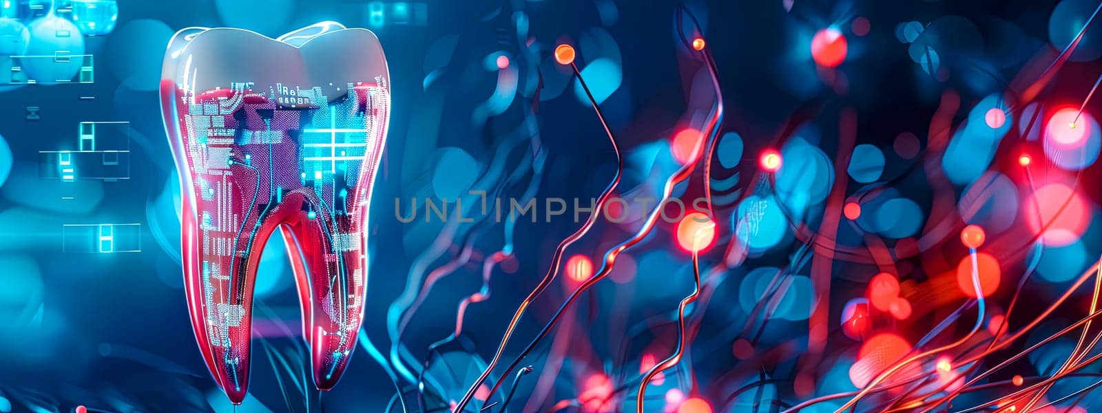 Cutting-edge digital dentistry innovation concept featuring futuristic dental technology, transparent interface, and advanced dental care