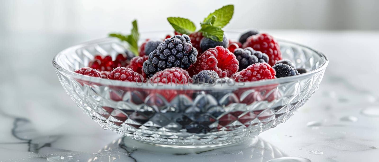 A selection of frost-kissed berries and fresh mint leaves presented in a classic crystal bowl, creating a refreshing visual feast