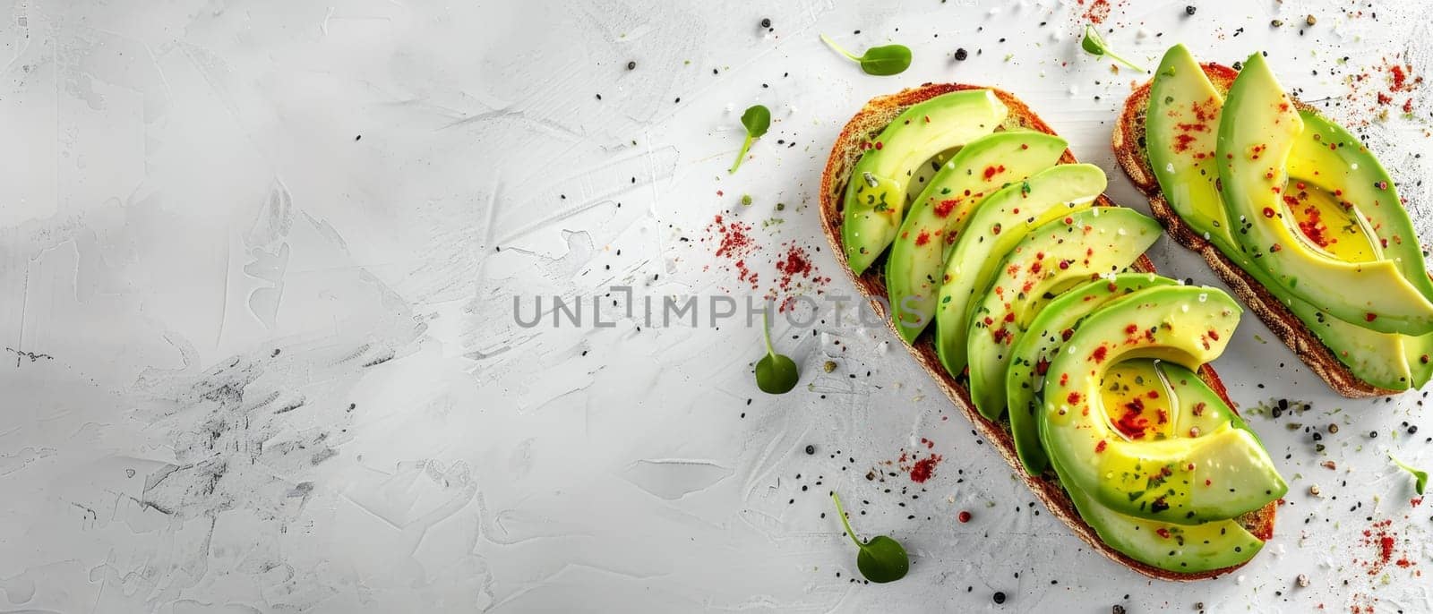 Slices of ripe avocado on toasted bread are sprinkled with chili flakes and black sesame seeds, offering a healthy yet flavorful meal option