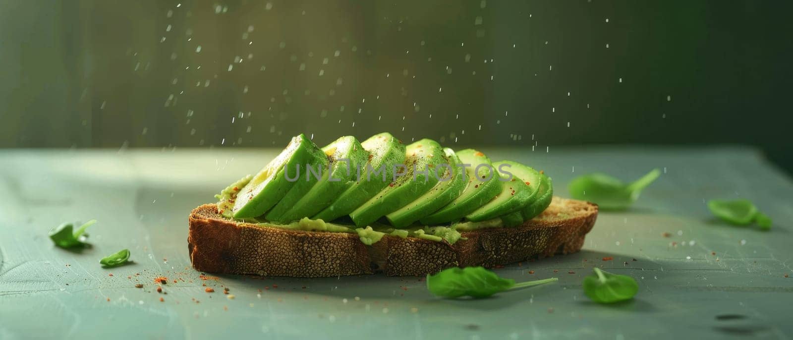Artfully arranged avocado toast with a drizzle of honey and a sprinkle of spice. A sweet and savory fusion for a delightful meal