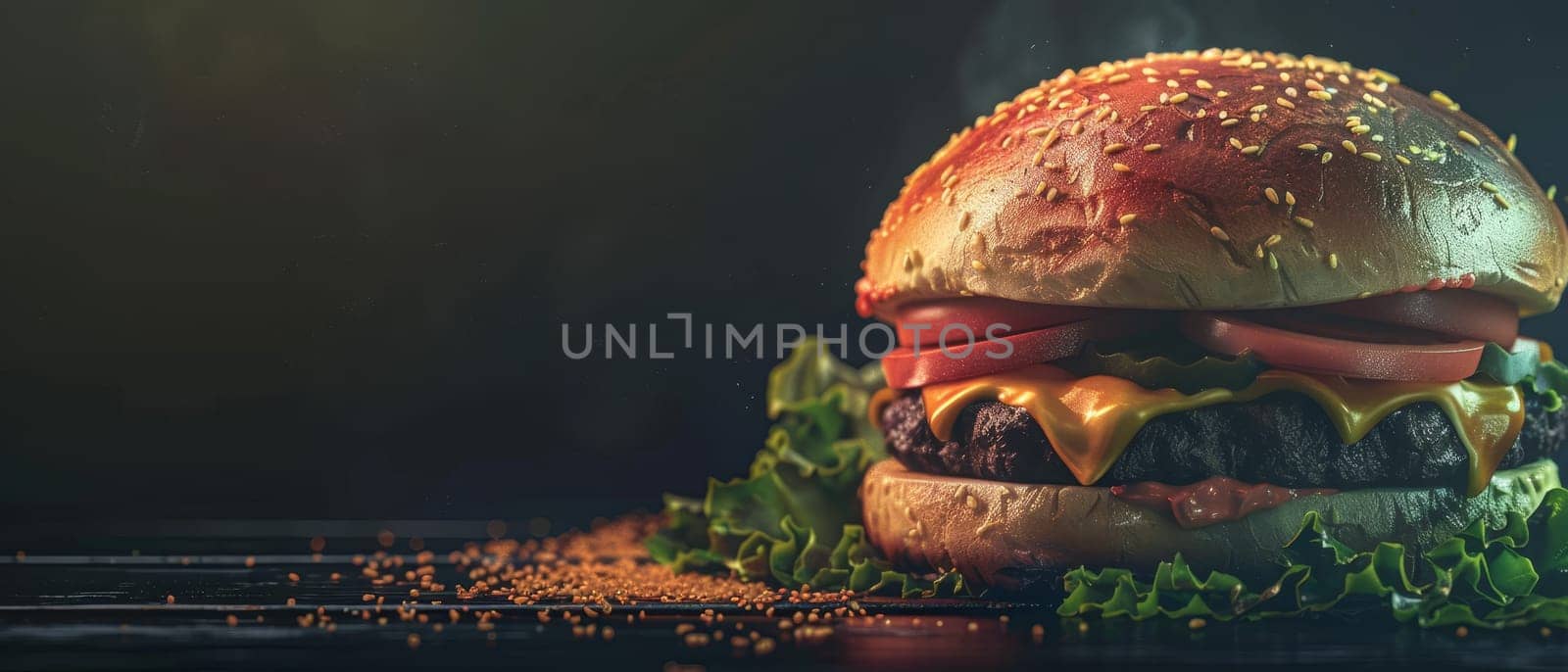 A classic cheeseburger with melting cheese and fresh toppings sits majestically against a dark backdrop, highlighting its mouth-watering appeal