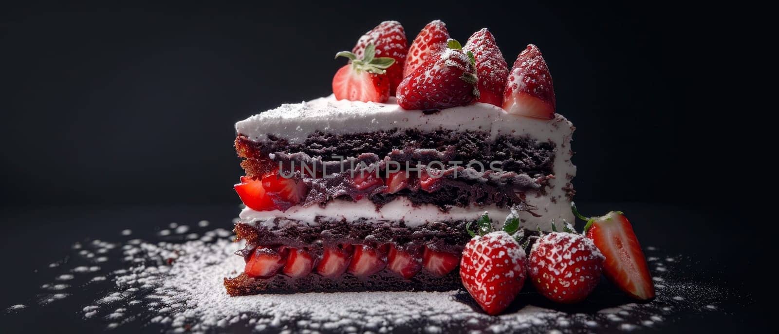 A decadent chocolate layer cake is beautifully adorned with succulent strawberries, the powdered sugar dusting adding a delicate touch to the rich dessert