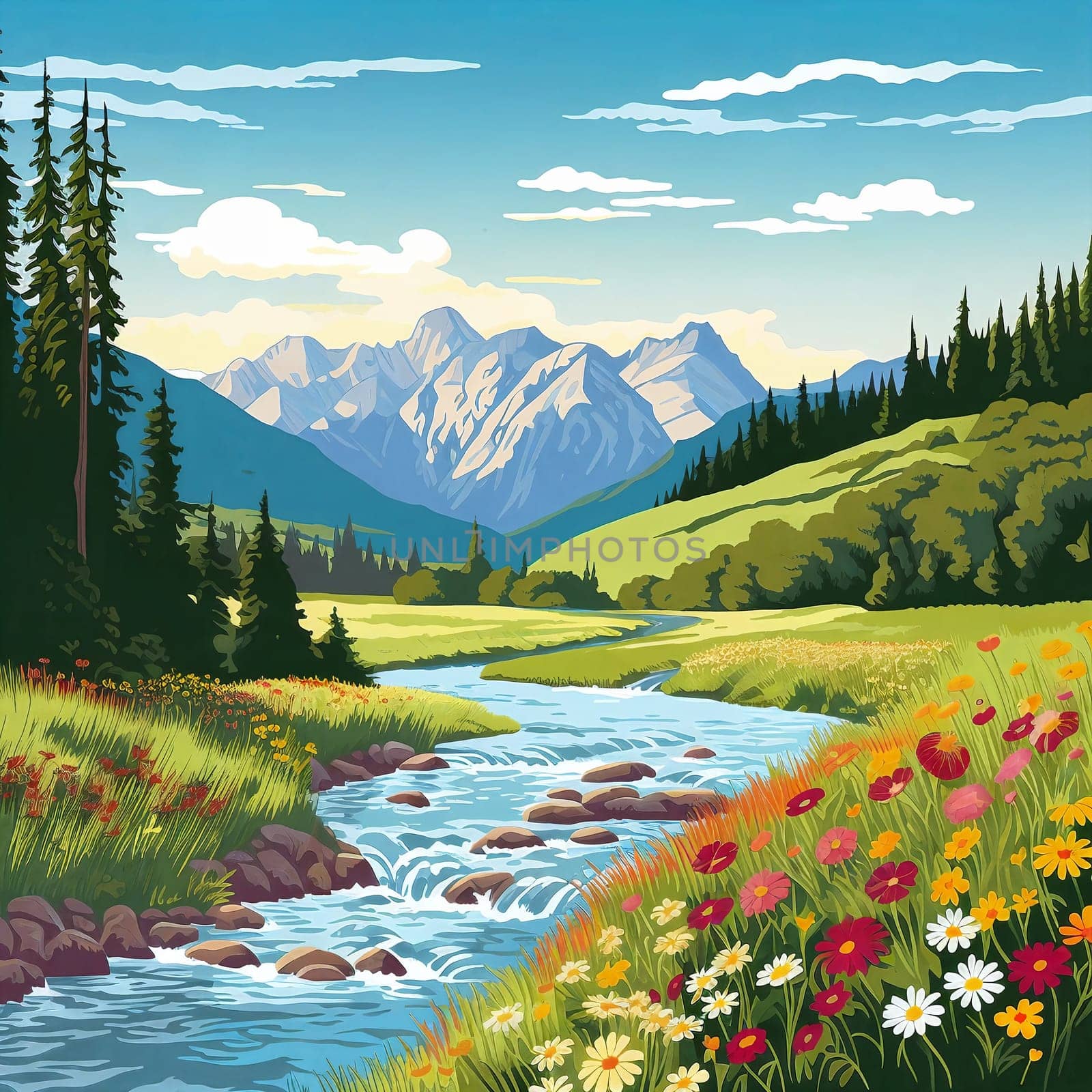The crystal-clear water of the river, surrounded by flowers and mountains. Generative AI