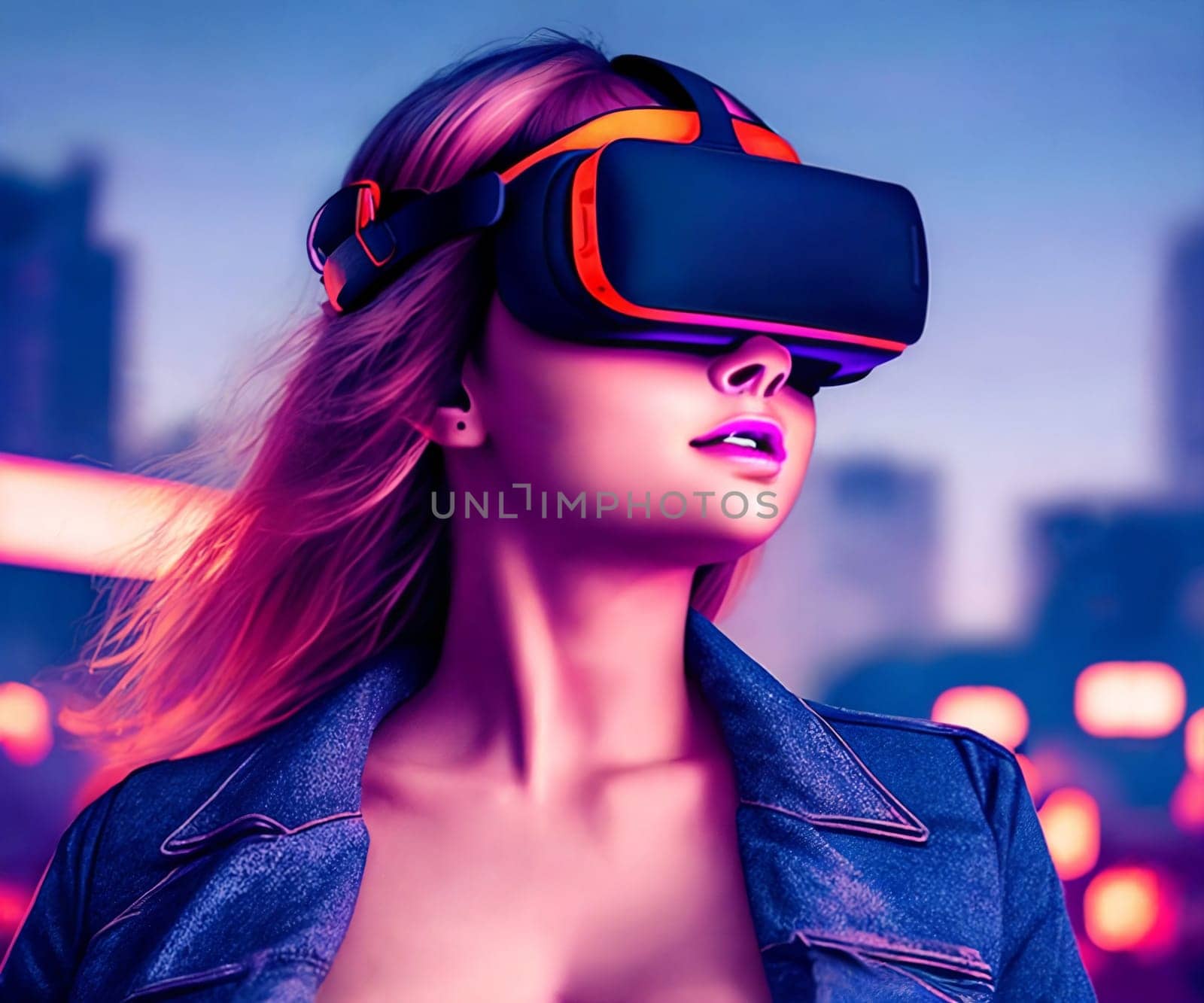 Woman portrait wearing VR glasses, city on background . AI Generative