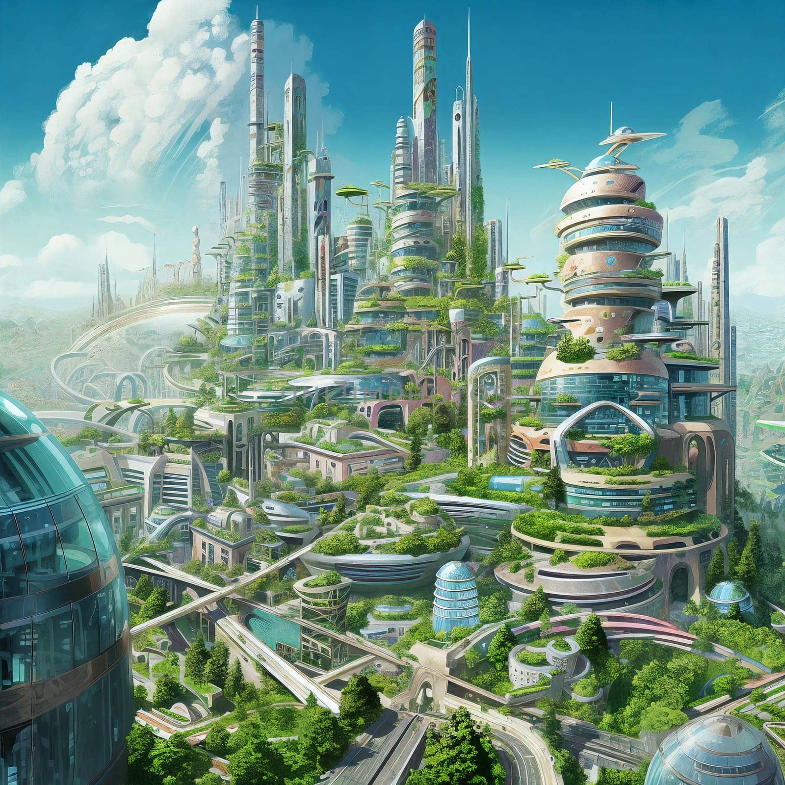Futuristic cityscape of eco city, modern building surrounded plants. AI Generative