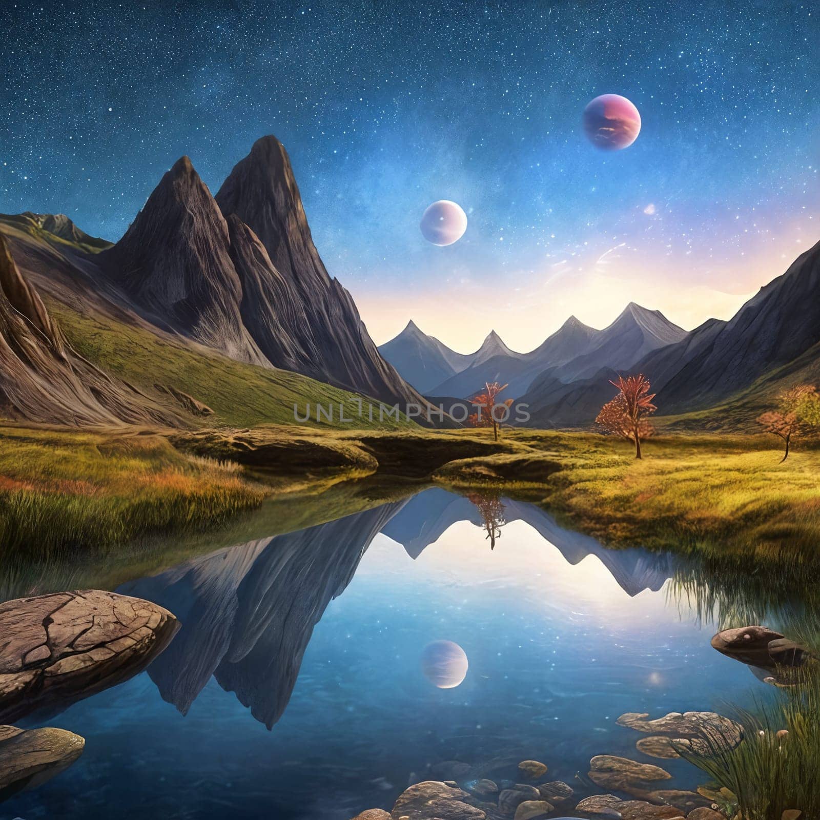 Fantasy planet with lake on foreground, mountains and night sky with stars and planets on background . AI Generative